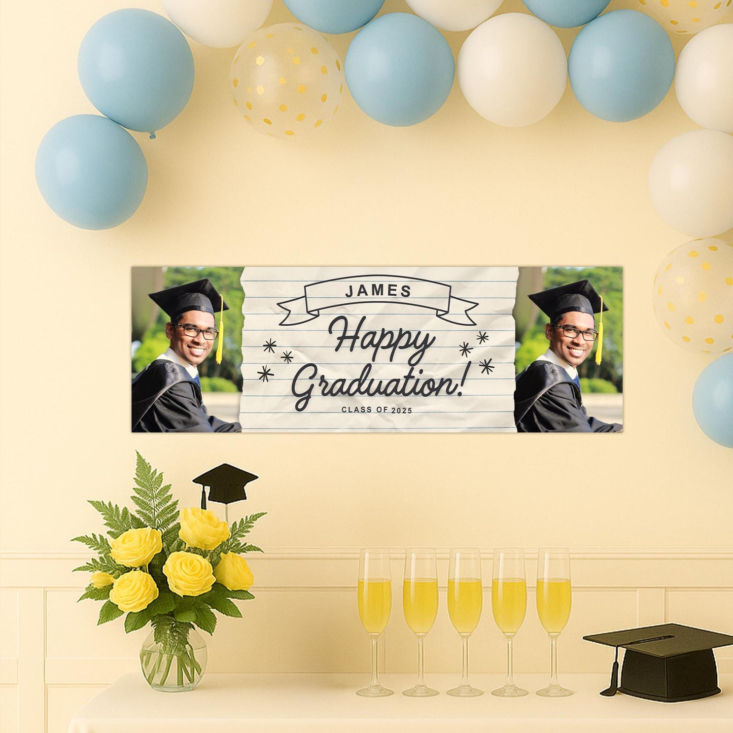 Personalised Graduation Banner  Lined Paper Design  | Name, Year & Photos | Graduation Party Decor | Class Of | University Graduate Banner