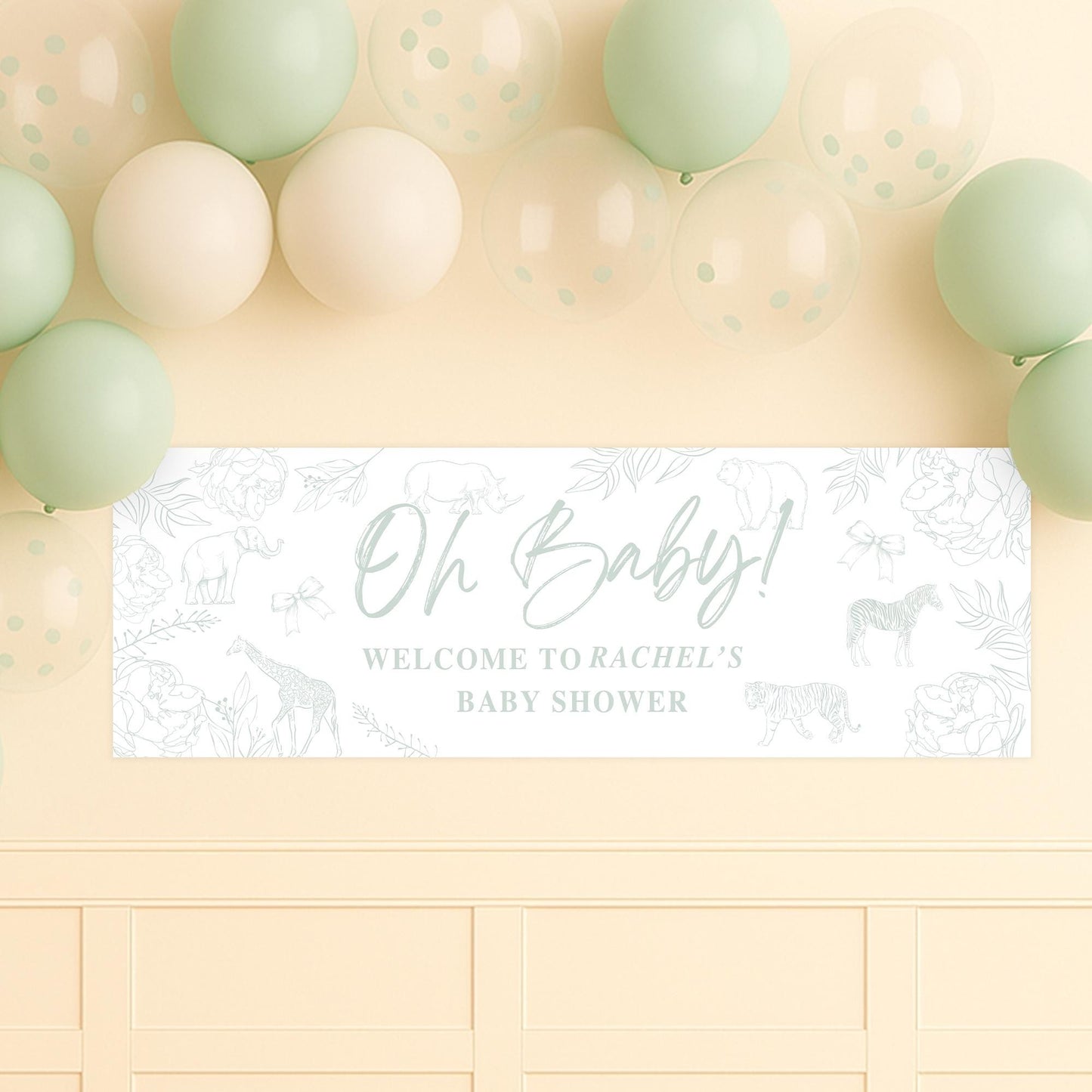 Personalised Baby Shower Banner | Custom “Oh Baby! Baby Shower Banner  Animal & Floral Sketch | Sage Green Gender Neutral Decoration