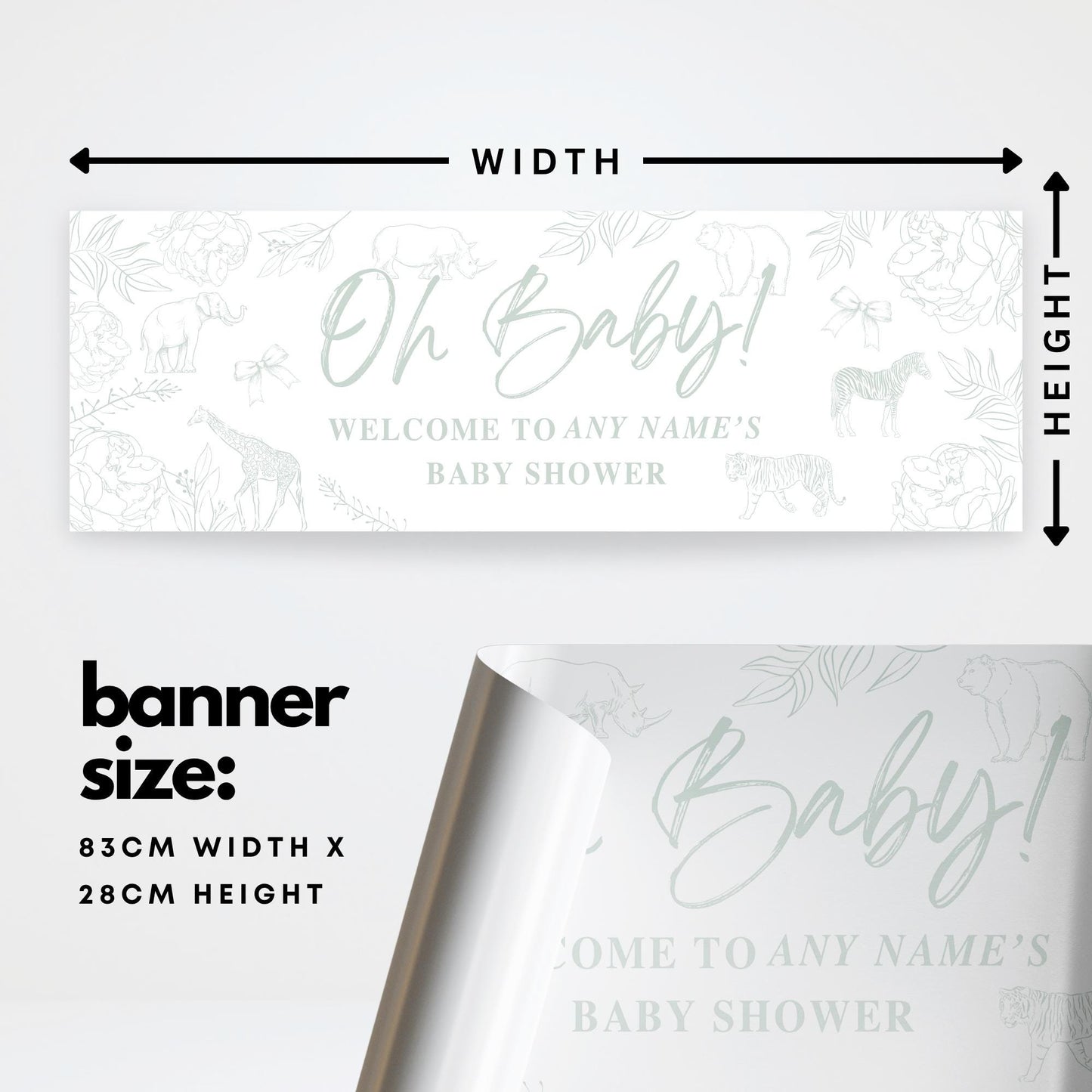 Personalised Baby Shower Banner | Custom “Oh Baby! Baby Shower Banner  Animal & Floral Sketch | Sage Green Gender Neutral Decoration