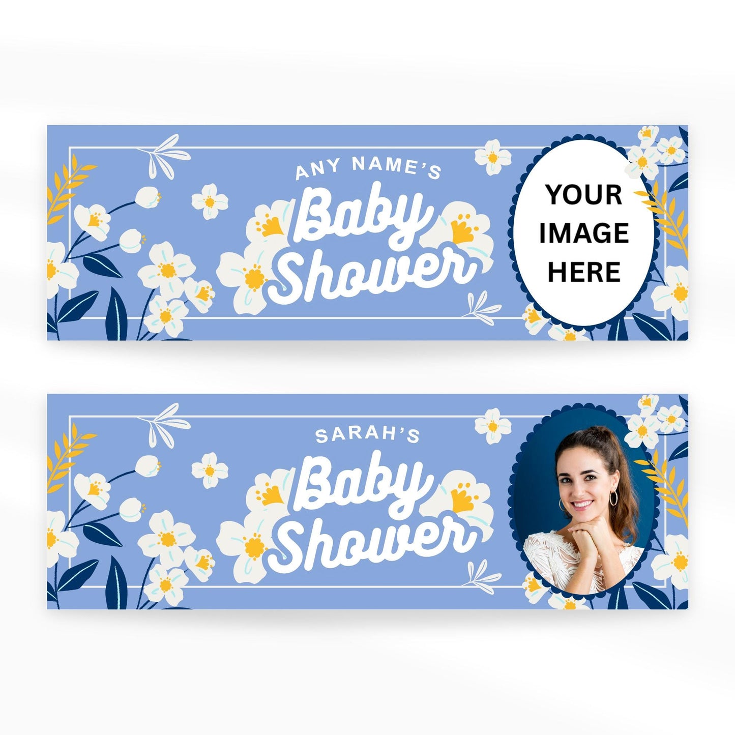 Personalised Baby Shower Banner | Bold Floral Baby Shower Banner | Custom with Name and Photo | Blue & Yellow | Summer Party Decorations