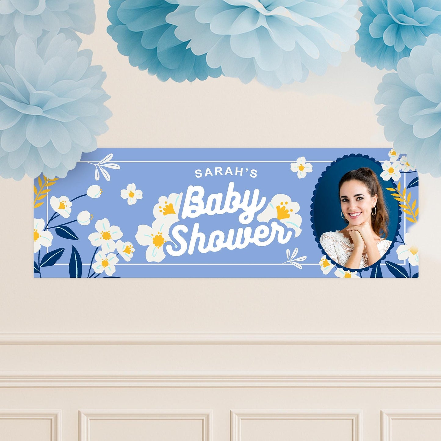 Personalised Baby Shower Banner | Bold Floral Baby Shower Banner | Custom with Name and Photo | Blue & Yellow | Summer Party Decorations