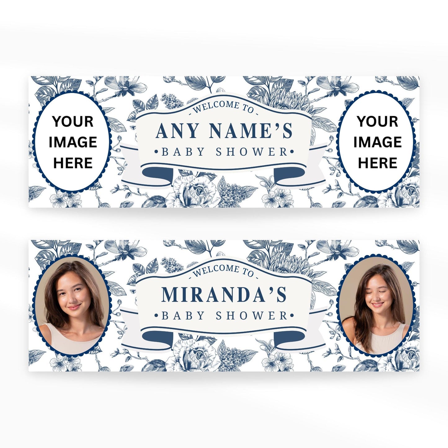 Personalised Baby Shower Banner | Blue Botanical Baby Shower Decor | Custom Name & 12 Photos | Elegant Navy Floral Design | Party backdrop