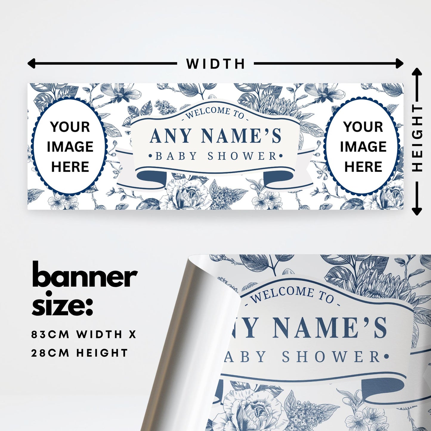 Personalised Baby Shower Banner | Blue Botanical Baby Shower Decor | Custom Name & 12 Photos | Elegant Navy Floral Design | Party backdrop
