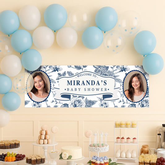 Personalised Baby Shower Banner | Blue Botanical Baby Shower Decor | Custom Name & 12 Photos | Elegant Navy Floral Design | Party backdrop
