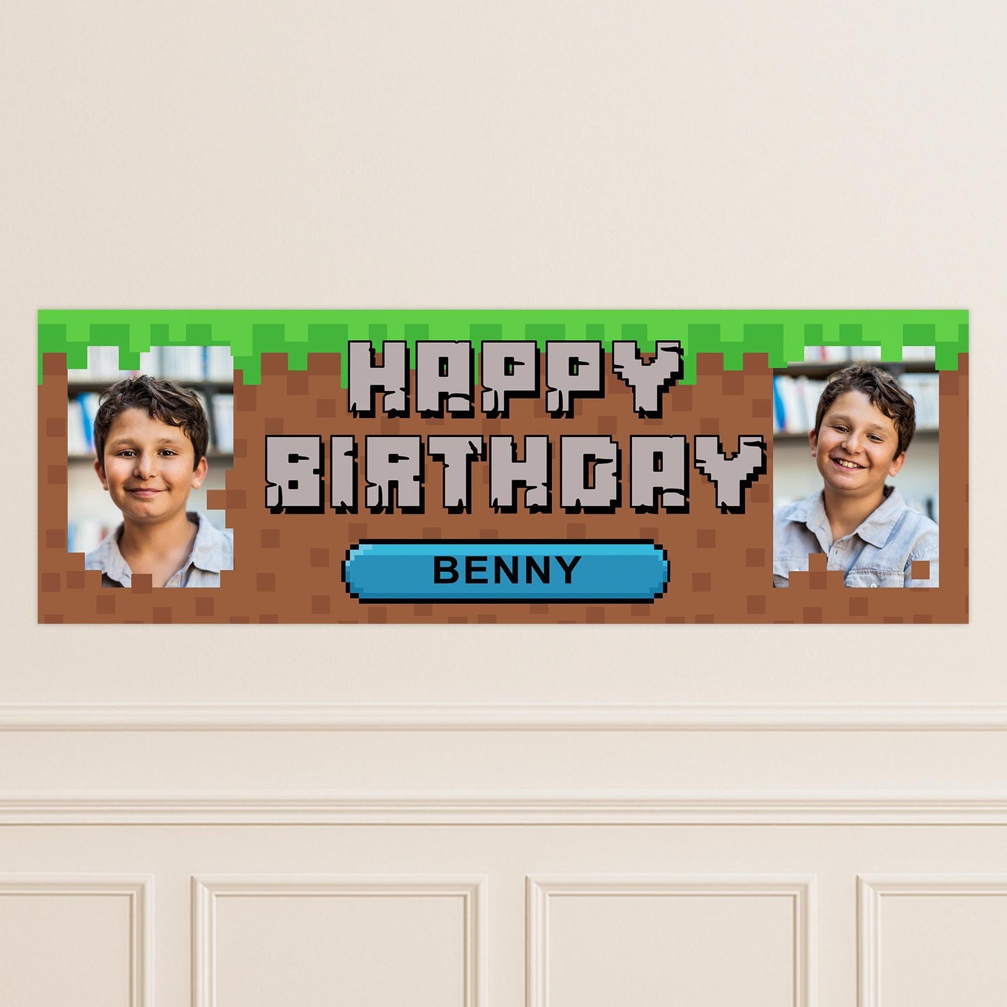 Personalised Birthday Banner - Block Game | Custom Name & Photo | Game Inspired Banner | Pixel Game | Gamer Birthday Party decor for kids