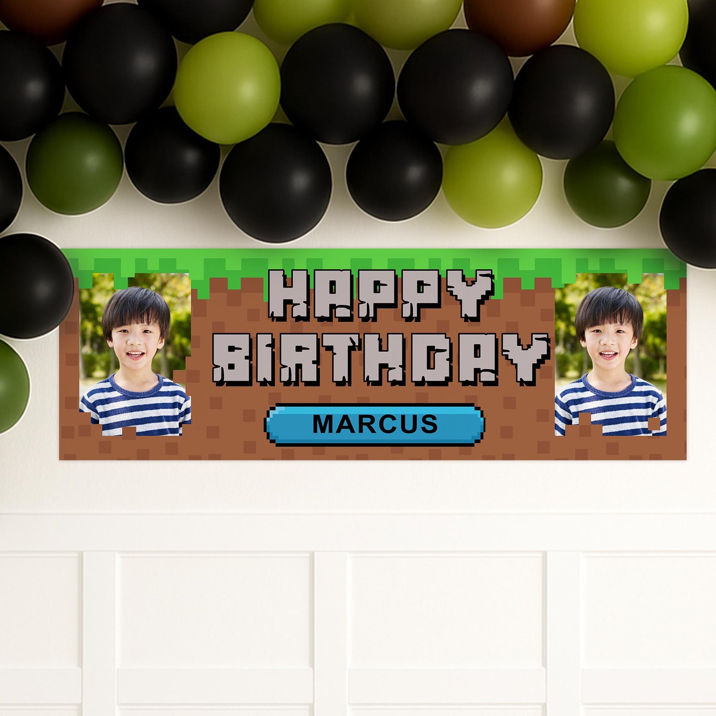 Personalised Birthday Banner - Block Game | Custom Name & Photo | Game Inspired Banner | Pixel Game | Gamer Birthday Party decor for kids