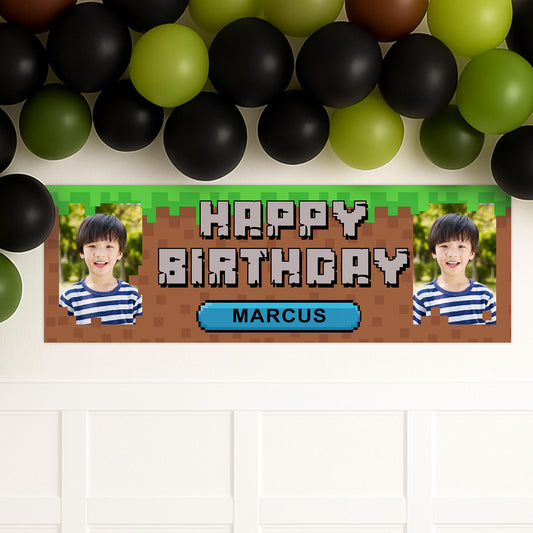 Personalised Birthday Banner - Block Game | Custom Name & Photo | Game Inspired Banner | Pixel Game | Gamer Birthday Party decor for kids