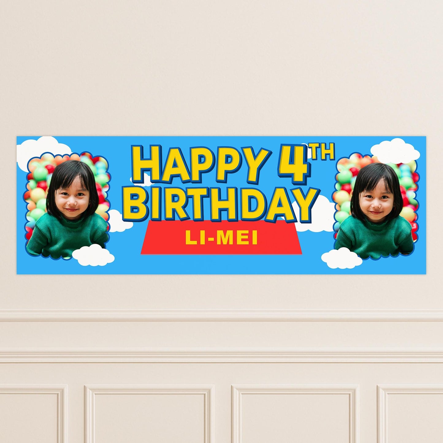 Personalised Birthday Banner - Toy Land | Custom Name & Photo | Toy-Inspired Banner | Colourful Cartoon Style Birthday Party Decor for Kids