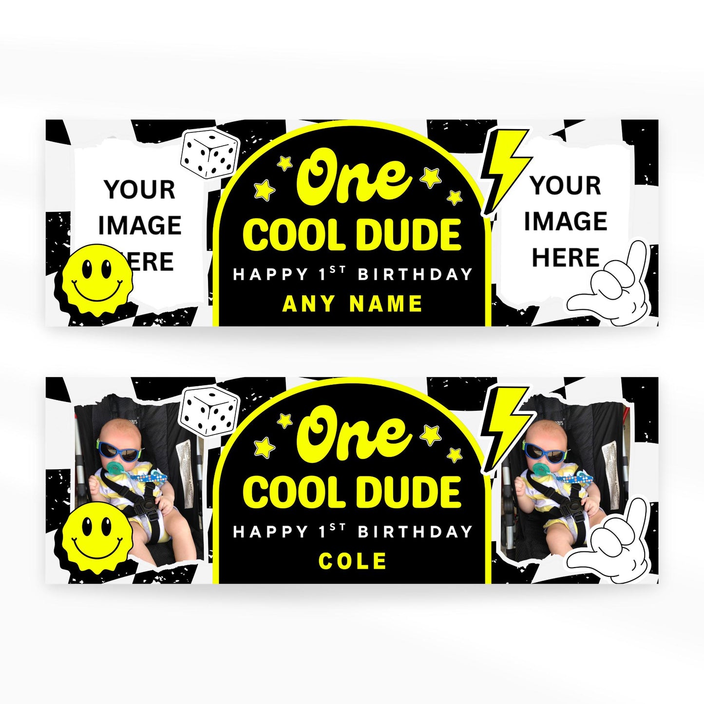Personalised 1st Birthday Banner For Kids - "One Cool Dude" | Skater Checkered Theme | Custom Name & Photo | Birthday Party Decor for Boys