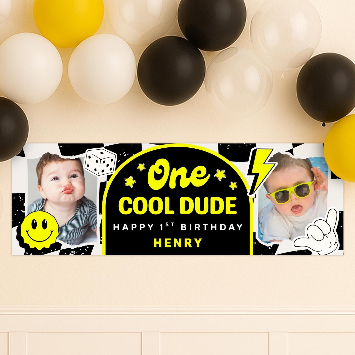 Personalised 1st Birthday Banner For Kids - "One Cool Dude" | Skater Checkered Theme | Custom Name & Photo | Birthday Party Decor for Boys