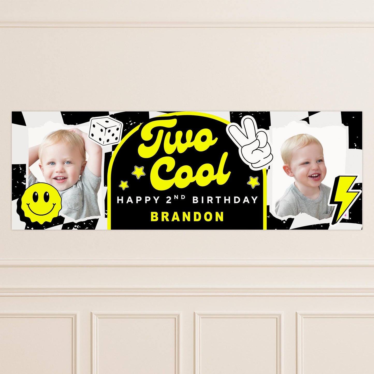 Personalised 2nd Birthday Banner For Kids - "Two Cool" | Skater Checkered Theme | Custom Name & Photo | Birthday Party Decor for Boys