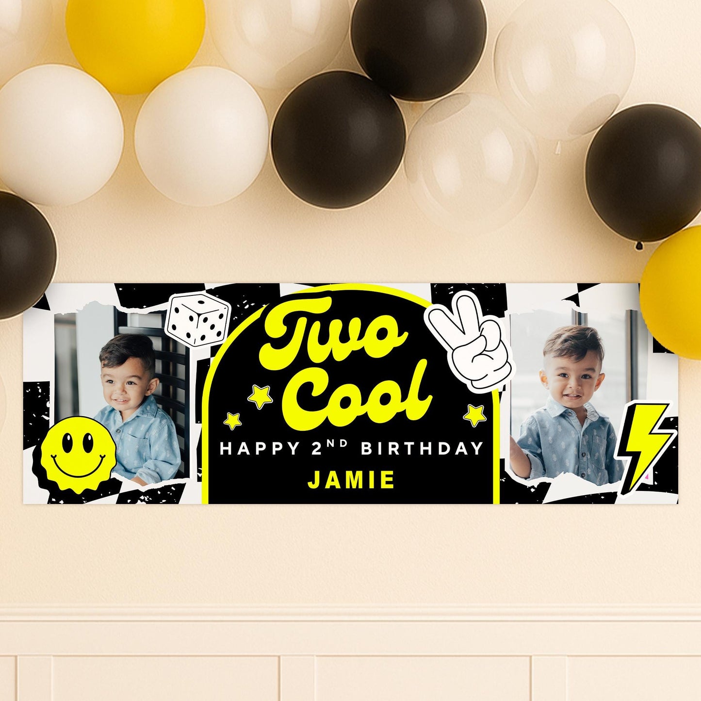 Personalised 2nd Birthday Banner For Kids - "Two Cool" | Skater Checkered Theme | Custom Name & Photo | Birthday Party Decor for Boys