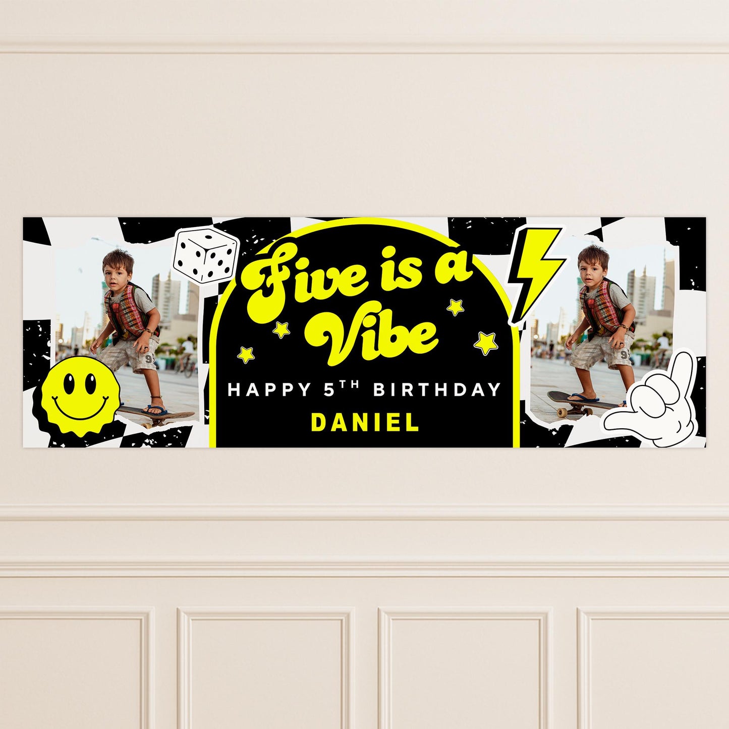 Personalised 5th Birthday Banner For Kids - "Five Is A Vibe" | Skater Checkered Theme | Custom Name & Photo | Birthday Party Decor For Boys