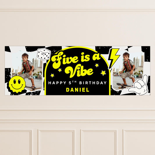 Personalised 5th Birthday Banner For Kids - "Five Is A Vibe" | Skater Checkered Theme | Custom Name & Photo | Birthday Party Decor For Boys