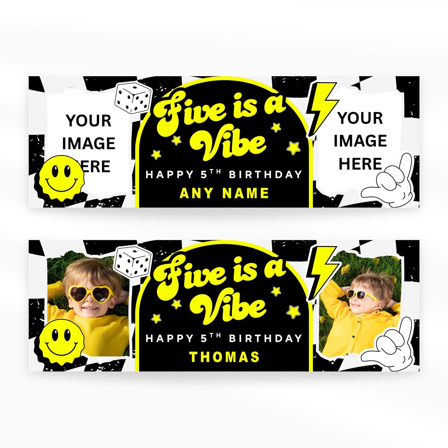 Personalised 5th Birthday Banner For Kids - "Five Is A Vibe" | Skater Checkered Theme | Custom Name & Photo | Birthday Party Decor For Boys