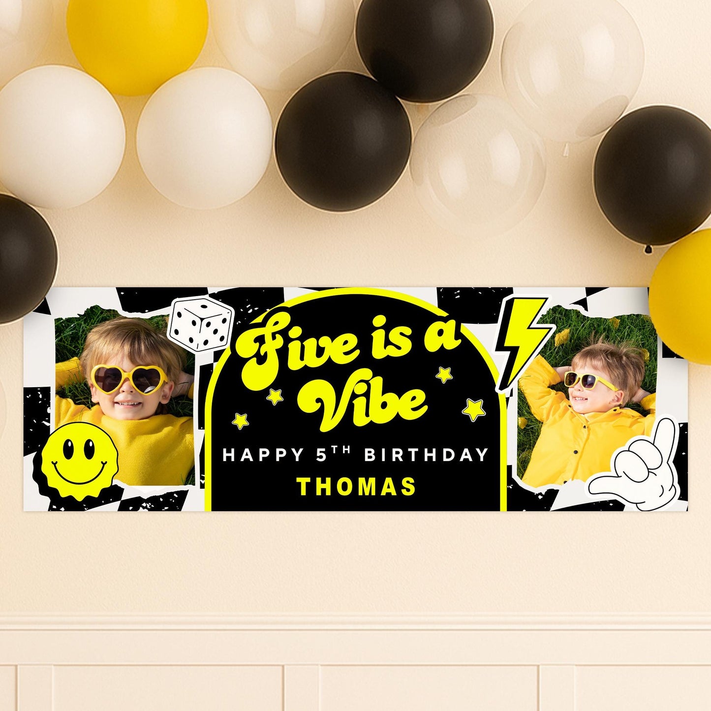 Personalised 5th Birthday Banner For Kids - "Five Is A Vibe" | Skater Checkered Theme | Custom Name & Photo | Birthday Party Decor For Boys