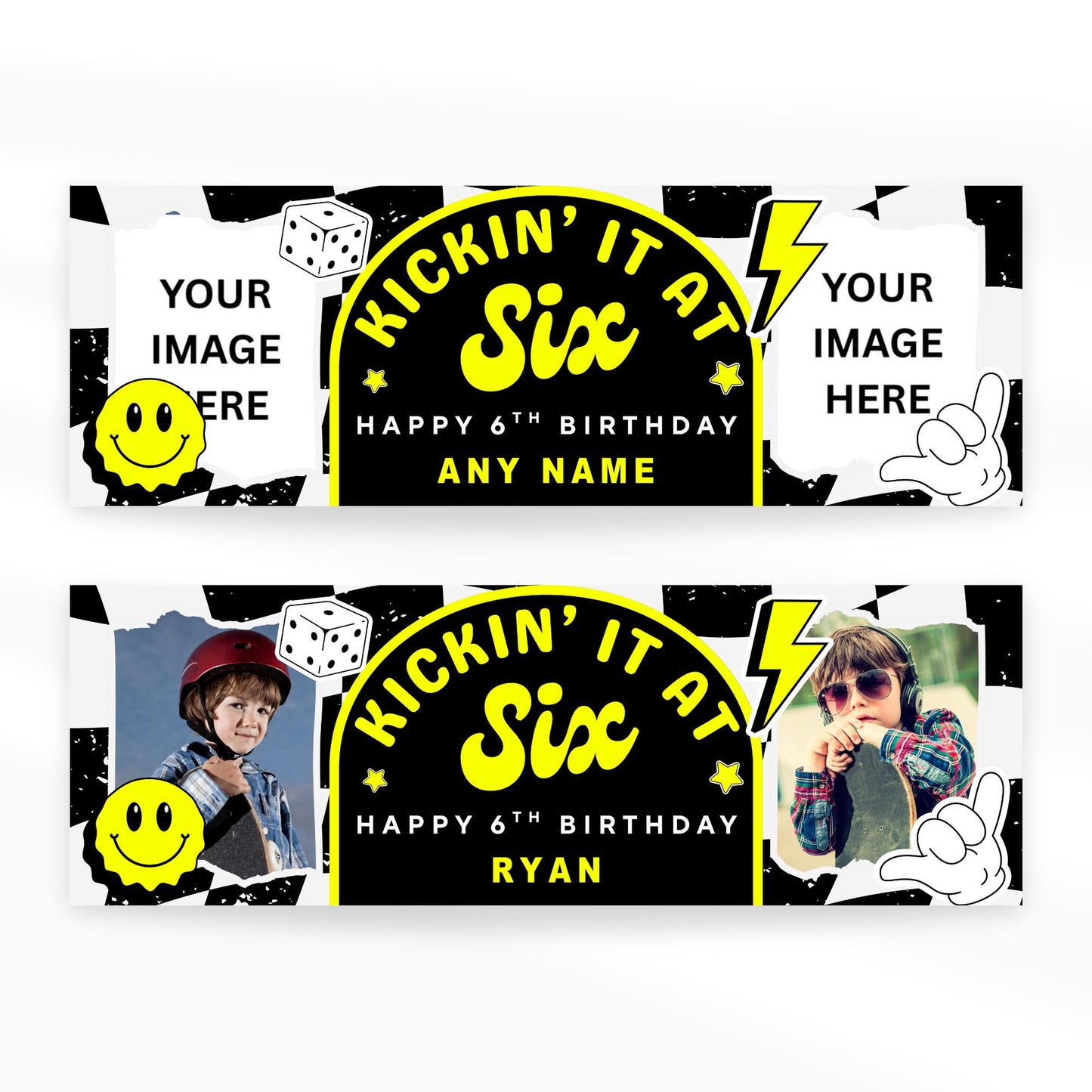 Personalised 6th Birthday Banner For Kids - "Kickin It At Six" | Skater Checkered Theme | Custom Name & Photo | Boys Birthday Party Decor