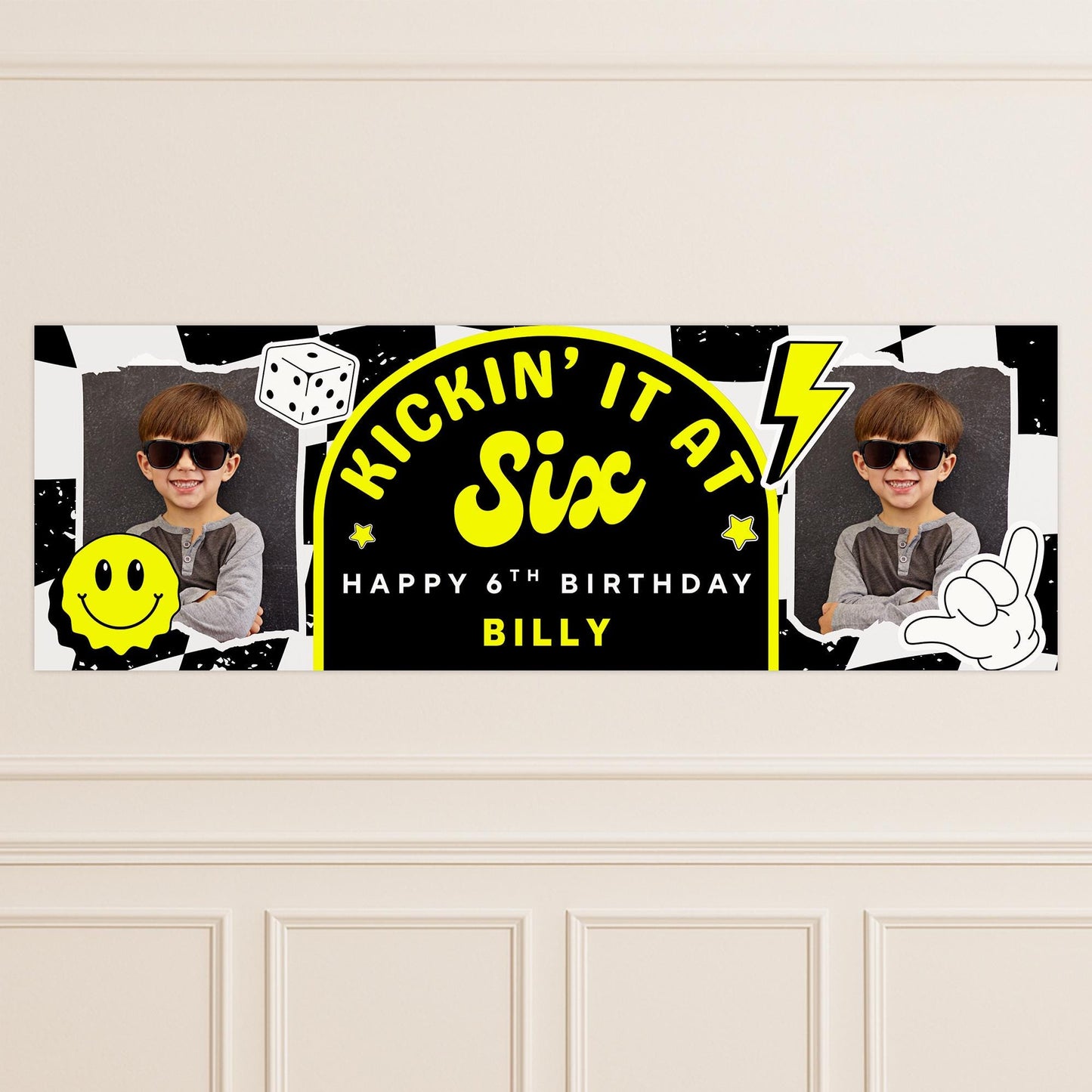 Personalised 6th Birthday Banner For Kids - "Kickin It At Six" | Skater Checkered Theme | Custom Name & Photo | Boys Birthday Party Decor