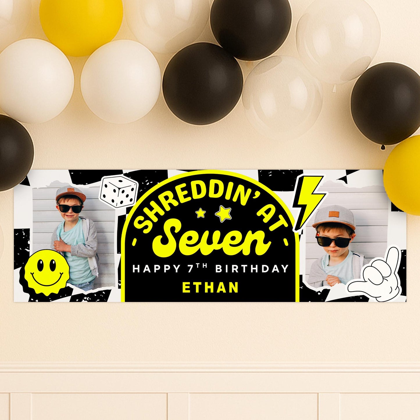 Personalised 7th Birthday Banner For Kids - "Shreddin At Seven" | Skater Checkered Theme | Custom Name & Photo | Boys Birthday Party Decor