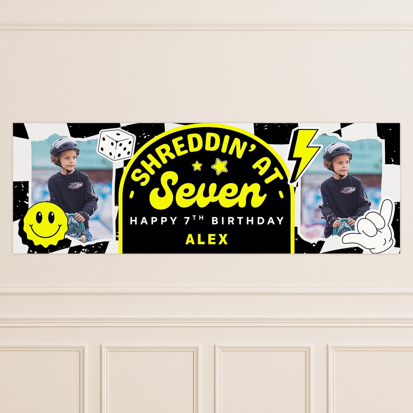 Personalised 7th Birthday Banner For Kids - "Shreddin At Seven" | Skater Checkered Theme | Custom Name & Photo | Boys Birthday Party Decor