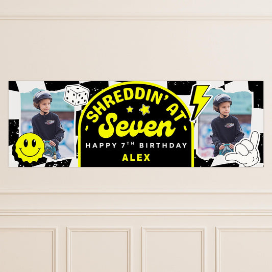 Personalised 7th Birthday Banner For Kids - "Shreddin At Seven" | Skater Checkered Theme | Custom Name & Photo | Boys Birthday Party Decor