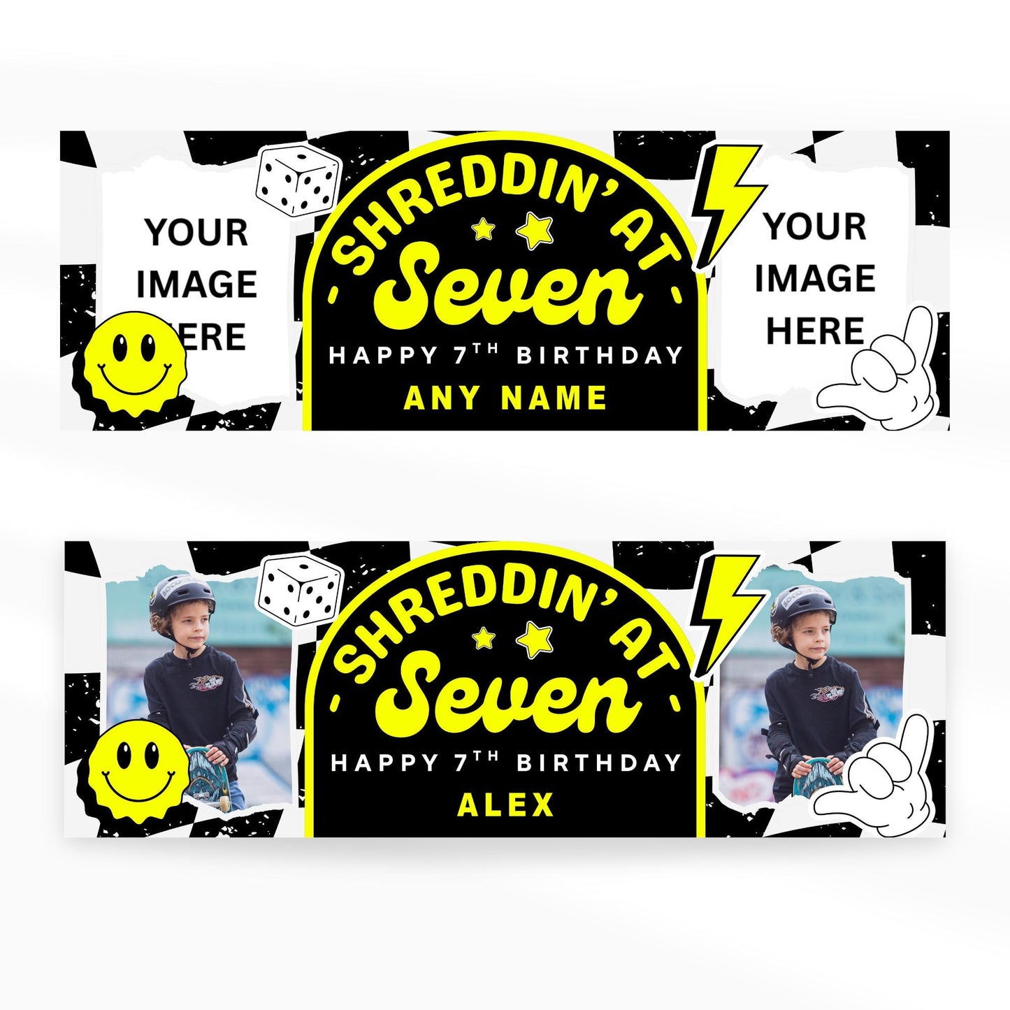 Personalised 7th Birthday Banner For Kids - "Shreddin At Seven" | Skater Checkered Theme | Custom Name & Photo | Boys Birthday Party Decor