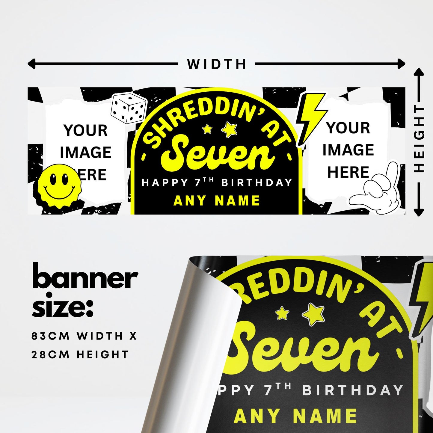 Personalised 7th Birthday Banner For Kids - "Shreddin At Seven" | Skater Checkered Theme | Custom Name & Photo | Boys Birthday Party Decor