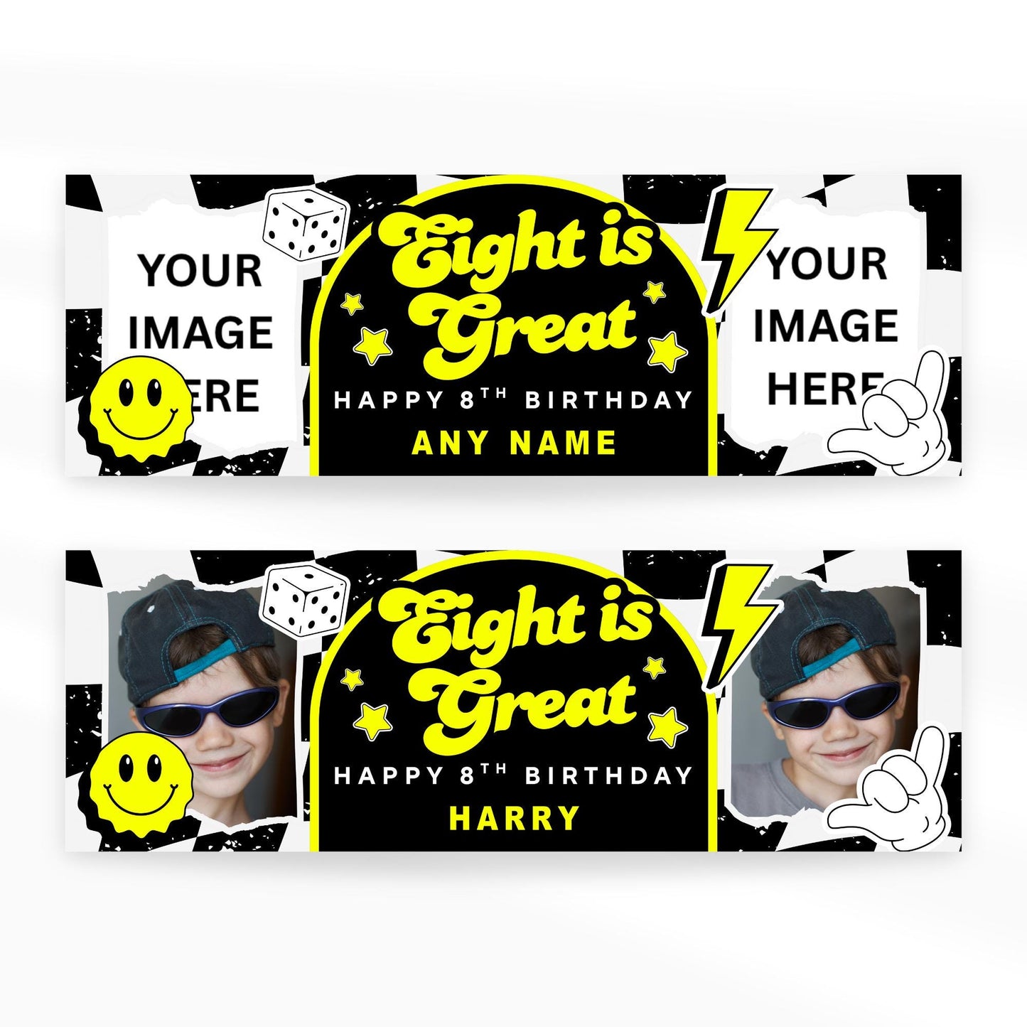 Personalised 8th Birthday Banner For Kids - "Eight Is Great" | Skater Checkered Theme | Custom Name & Photo | Boys Birthday Party Decor