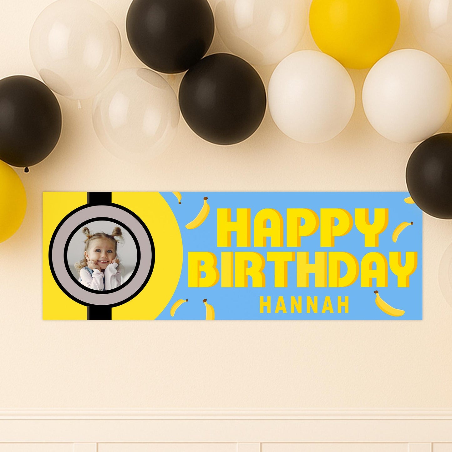 Personalised Birthday Banner - Bello Banana | Cartoon Theme | Blue and Yellow Decor | Custom Name & Photo | Meme Birthday Party Decor
