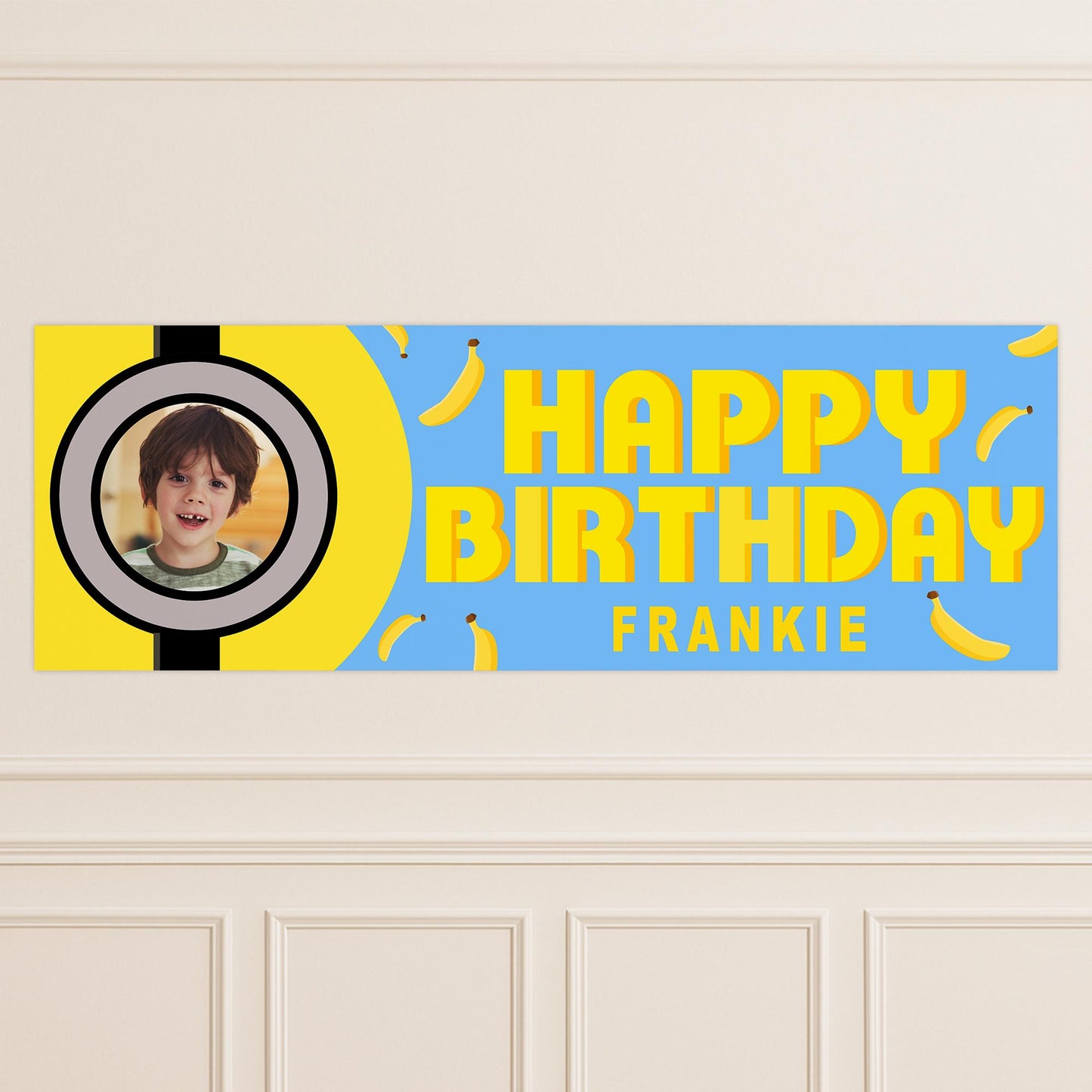 Personalised Birthday Banner - Bello Banana | Cartoon Theme | Blue and Yellow Decor | Custom Name & Photo | Meme Birthday Party Decor