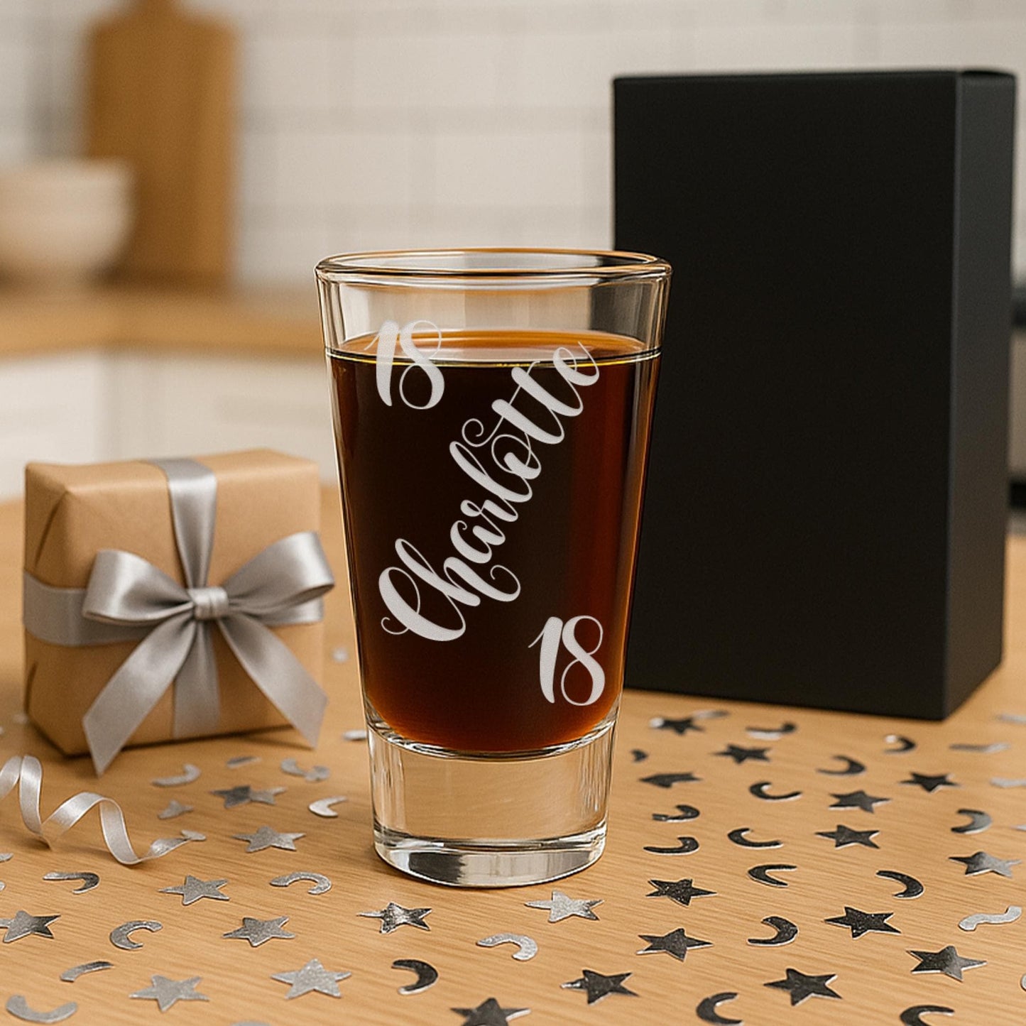 Personalised Birthday Shot Glass | Swirl Script Name & Age | Custom Engraved | Milestone Birthday Gift for Him or Her | 18th or 21st