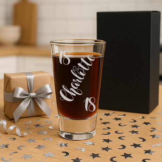 Personalised Birthday Shot Glass | Swirl Script Name & Age | Custom Engraved | Milestone Birthday Gift for Him or Her | 18th or 21st