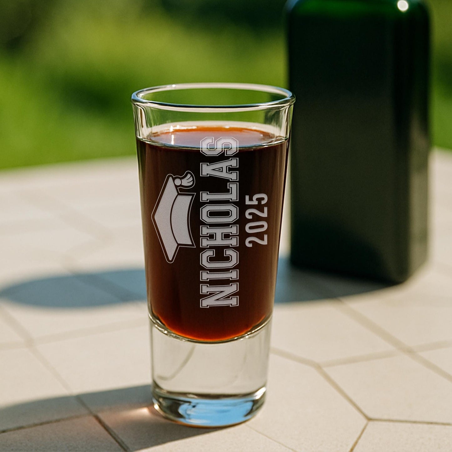 Personalised Graduation Shot Glass  College Font & Grad Cap | Custom Name and Year Engraved Shot Glass Gift | Keepsake for Graduates