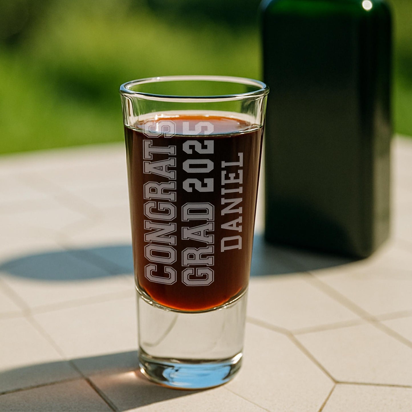 Personalised Graduation Gift | Congrats Grad - College Varsity Font Shot Glass | Custom Engraved Name & Year | Class of Graduation Gift