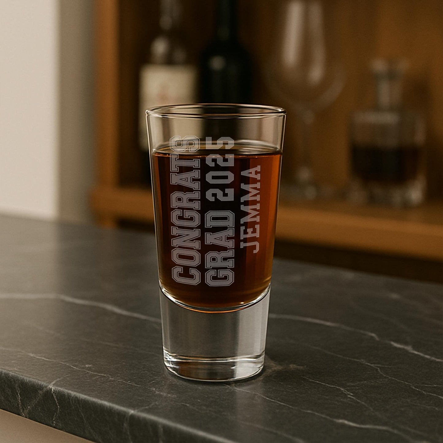 Personalised Graduation Gift | Congrats Grad - College Varsity Font Shot Glass | Custom Engraved Name & Year | Class of Graduation Gift