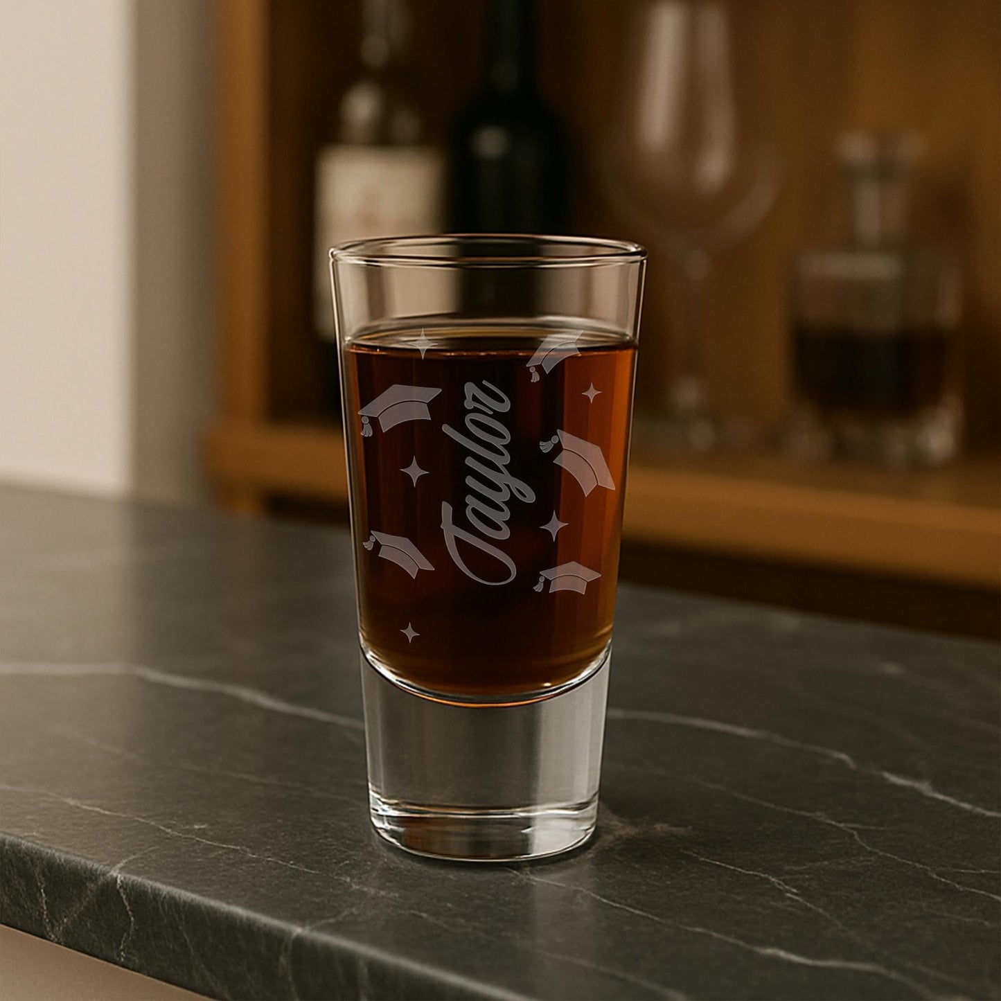 Personalised Graduation Gift | Graduation Caps & Stars | Custom Engraved Name Shot Glass | Graduate Gift Keepsake | Custom Shot Glass