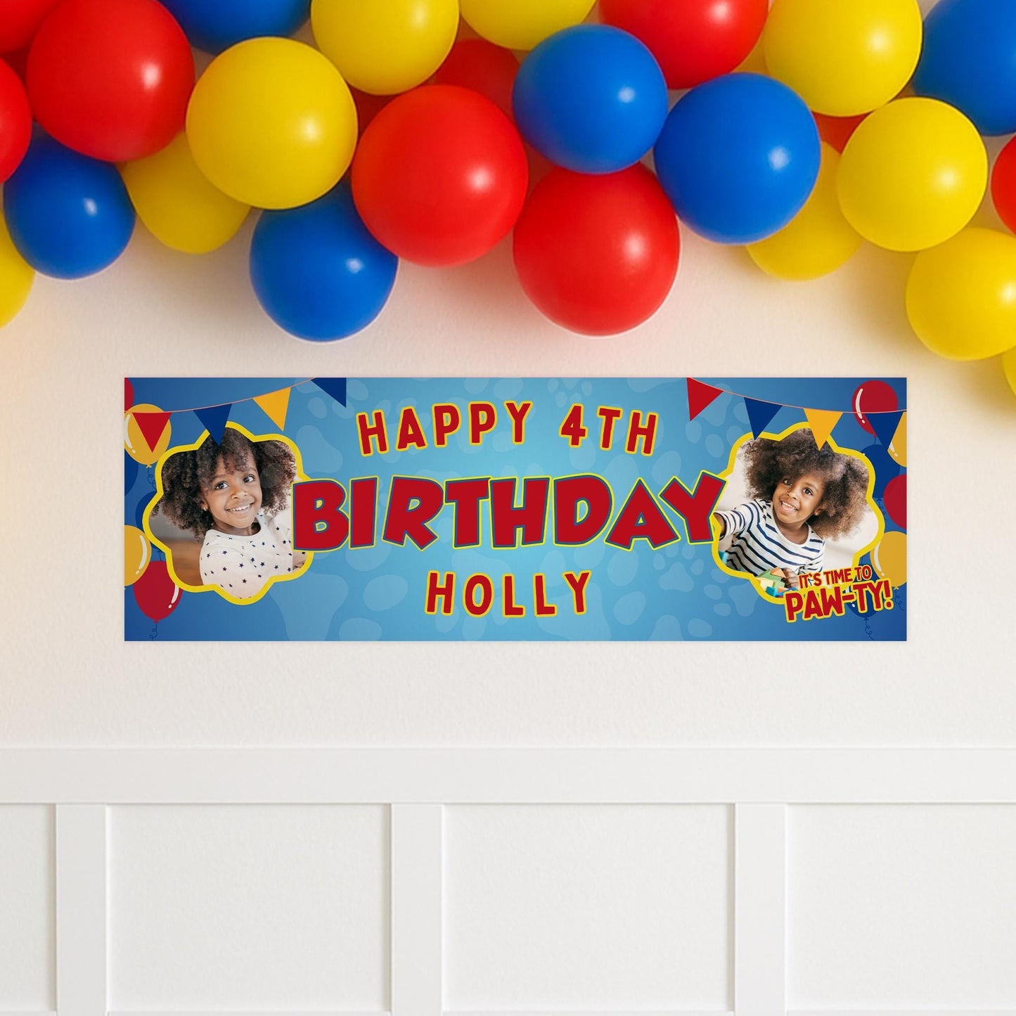 Personalised paw-ty birthday banner  custom name & photo | cartoon inspired banner | pet patrol party decoration | party decor for kids