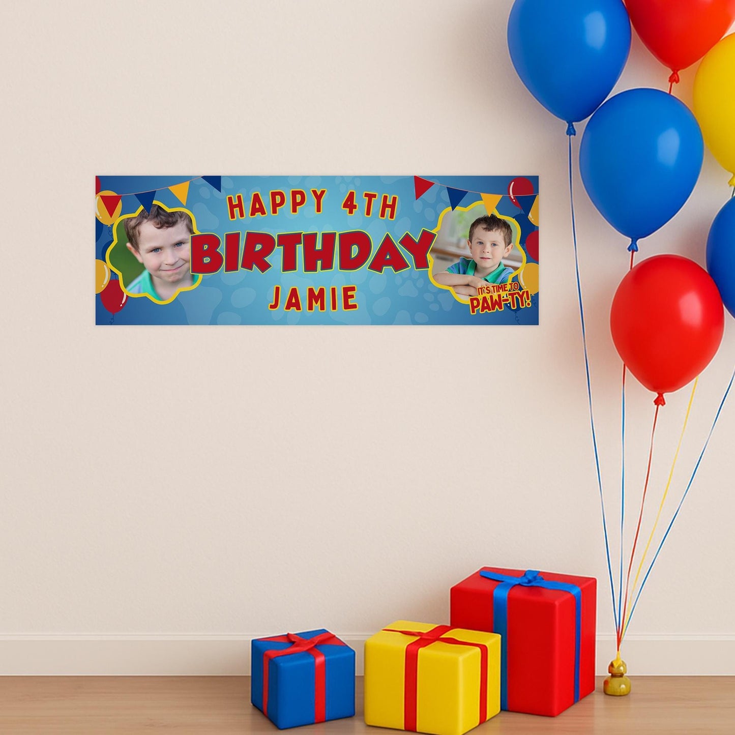 Personalised paw-ty birthday banner  custom name & photo | cartoon inspired banner | pet patrol party decoration | party decor for kids
