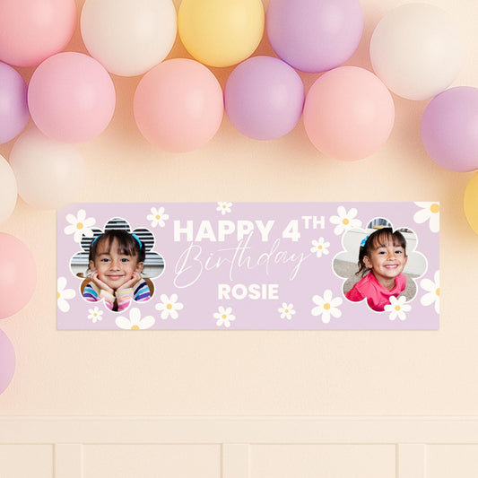 Personalised birthday banner  custom name & photo | daisy design | pastel floral party banner, birthday banner for girls, kids party decor
