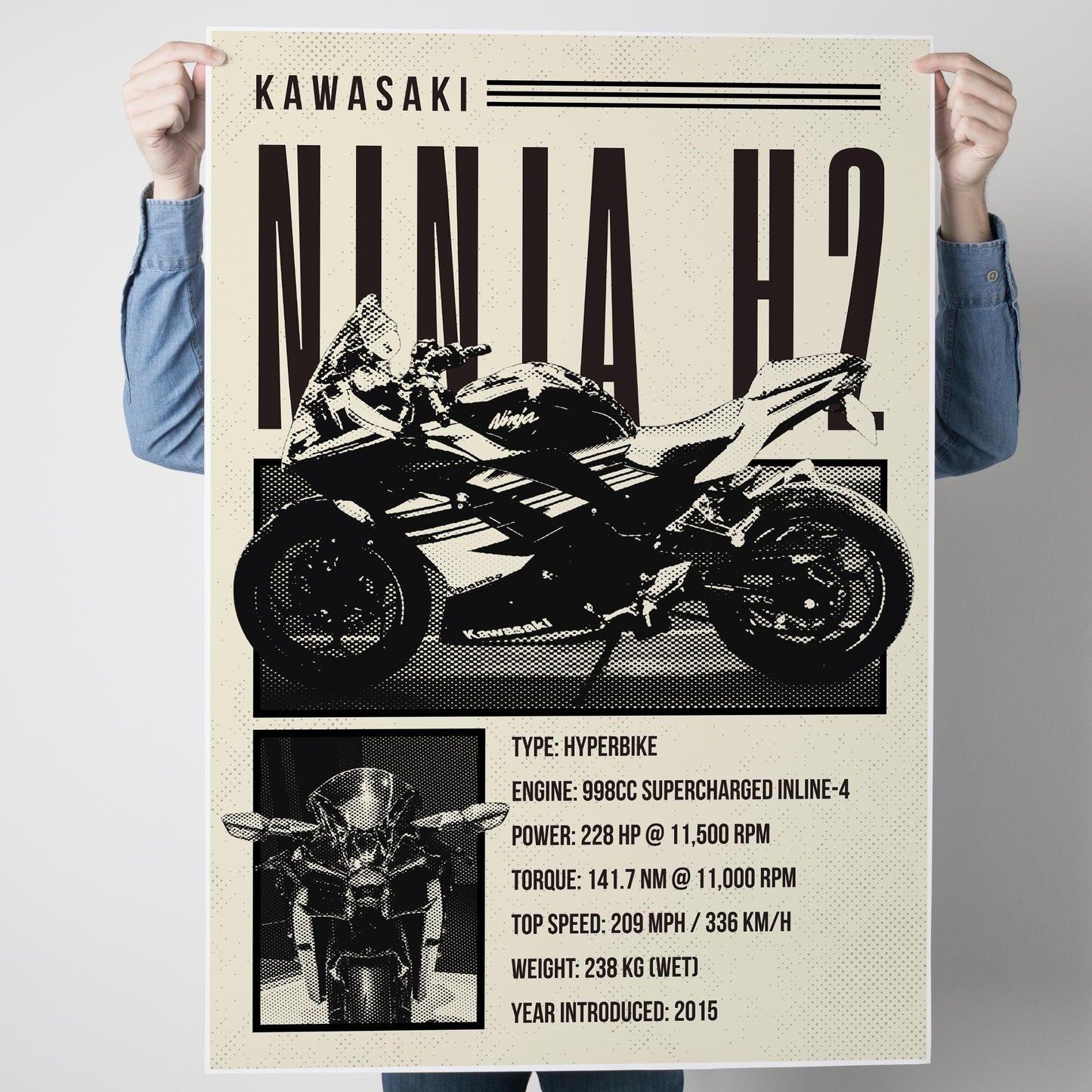 Motorcycle Specs Poster - Ninja H2 Supercharged Hyperbike Gloss Print  Fast Bike Wall Art | Home, Garage, Office or Man Cave Decor