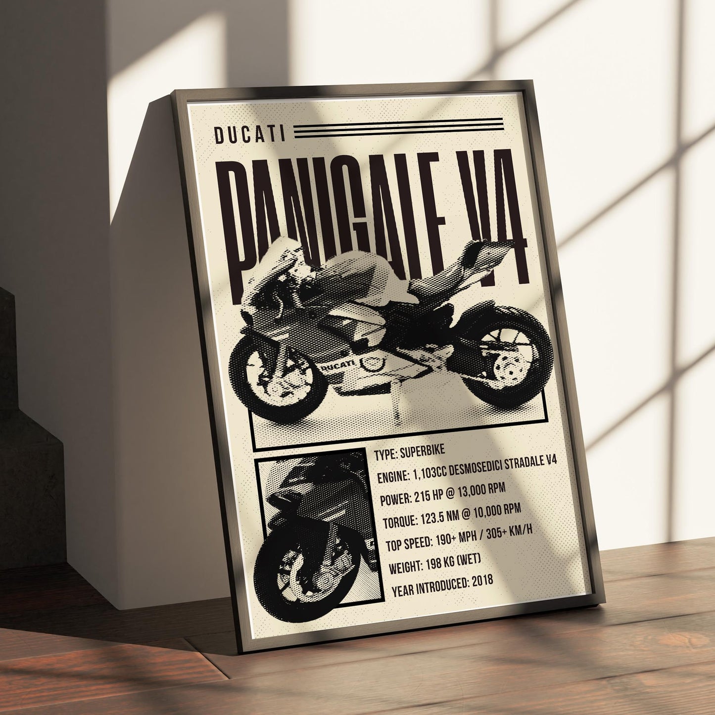 Motorcycle Specs Poster - Panigale V4: Superbike Stat Wall Art | Modern Racing Bike Decor for Home, Garage, Office or Man Cave | Biker Gift