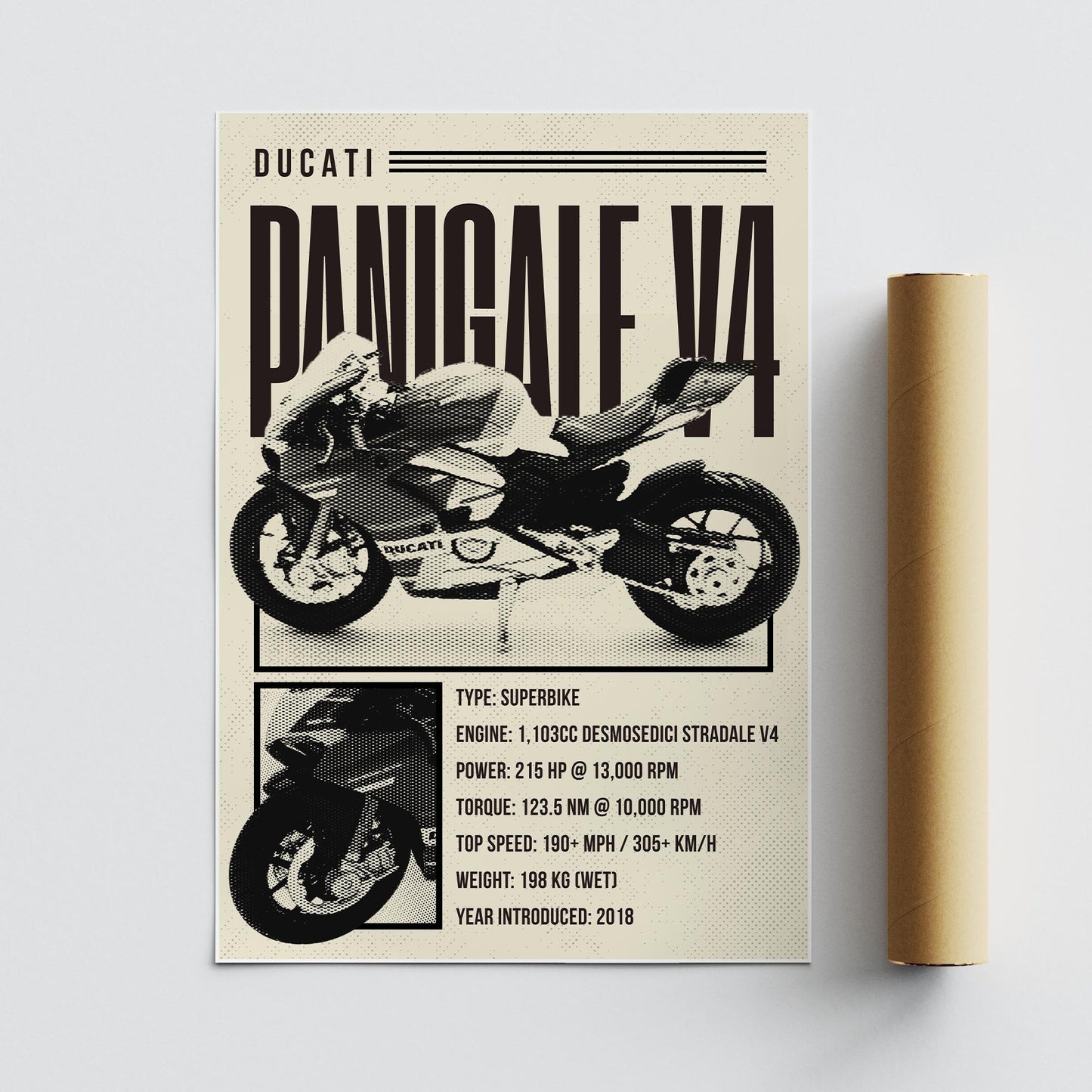 Motorcycle Specs Poster - Panigale V4: Superbike Stat Wall Art | Modern Racing Bike Decor for Home, Garage, Office or Man Cave | Biker Gift