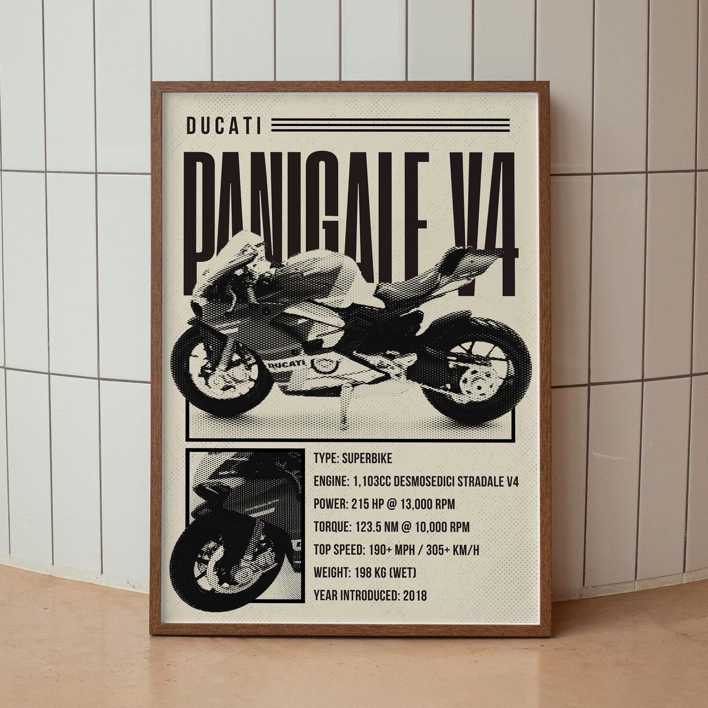 Motorcycle Specs Poster - Panigale V4: Superbike Stat Wall Art | Modern Racing Bike Decor for Home, Garage, Office or Man Cave | Biker Gift