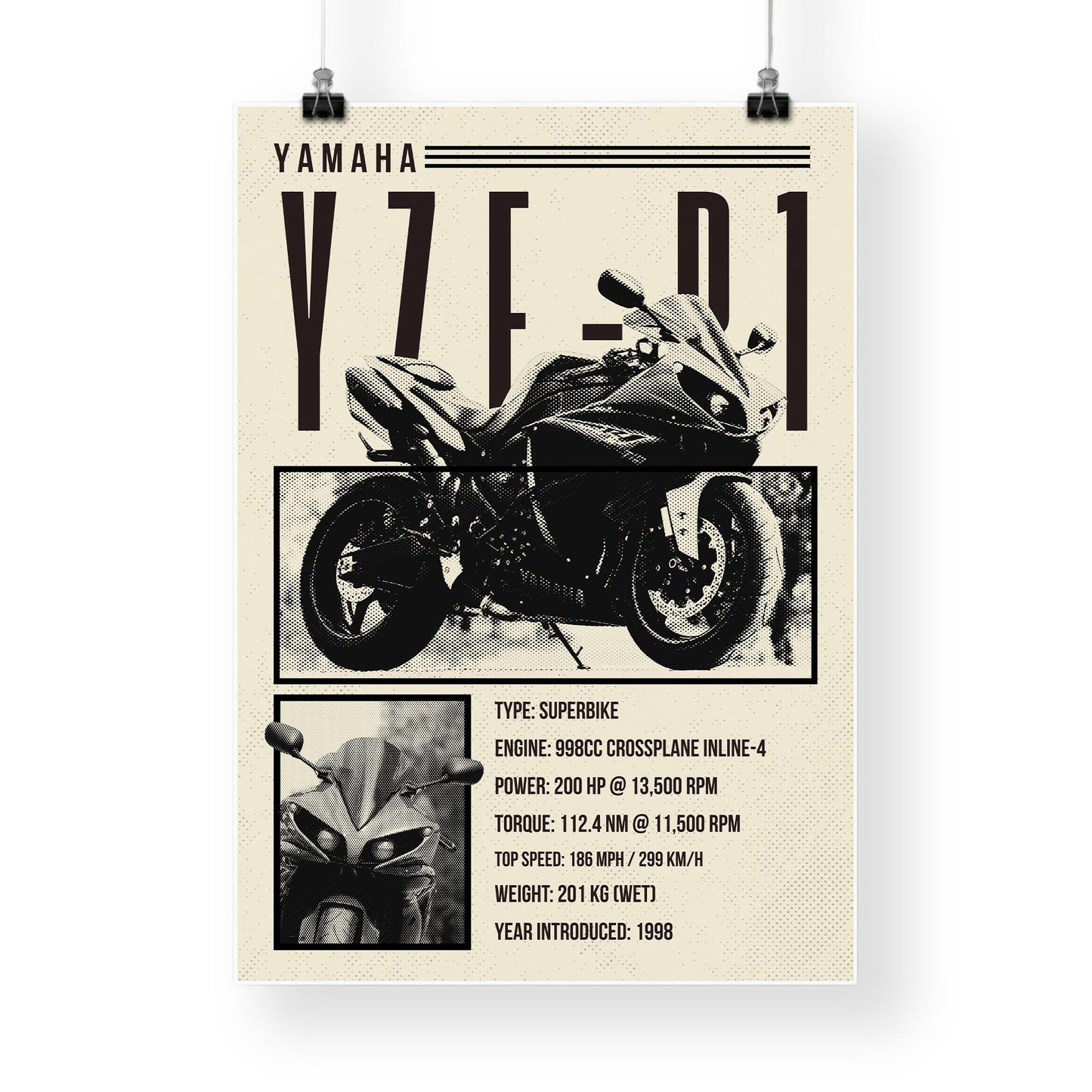 Motorcycle Specs Poster - YZF-R1: Superbike Wall Art Poster  Iconic Motorbike Spec Print  Decor for Man Cave or Bedroom or Garage