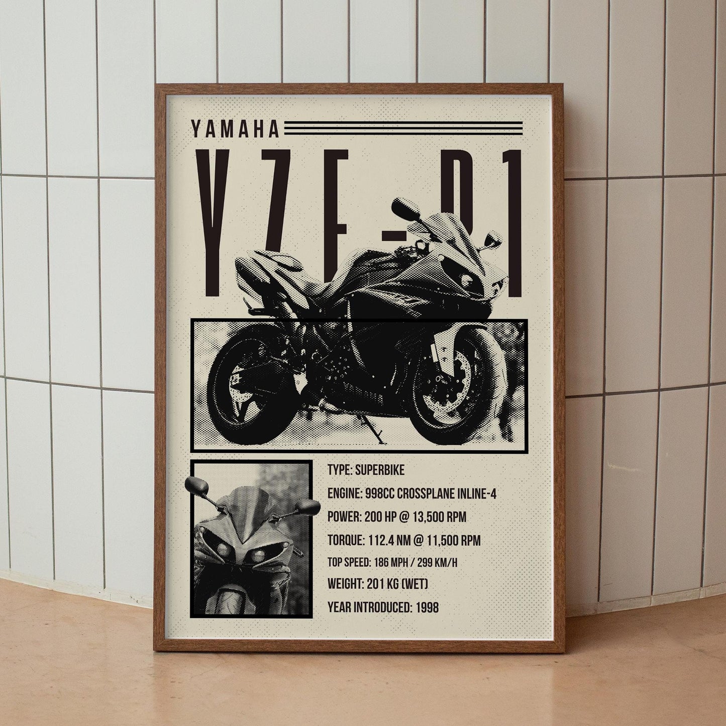 Motorcycle Specs Poster - YZF-R1: Superbike Wall Art Poster  Iconic Motorbike Spec Print  Decor for Man Cave or Bedroom or Garage