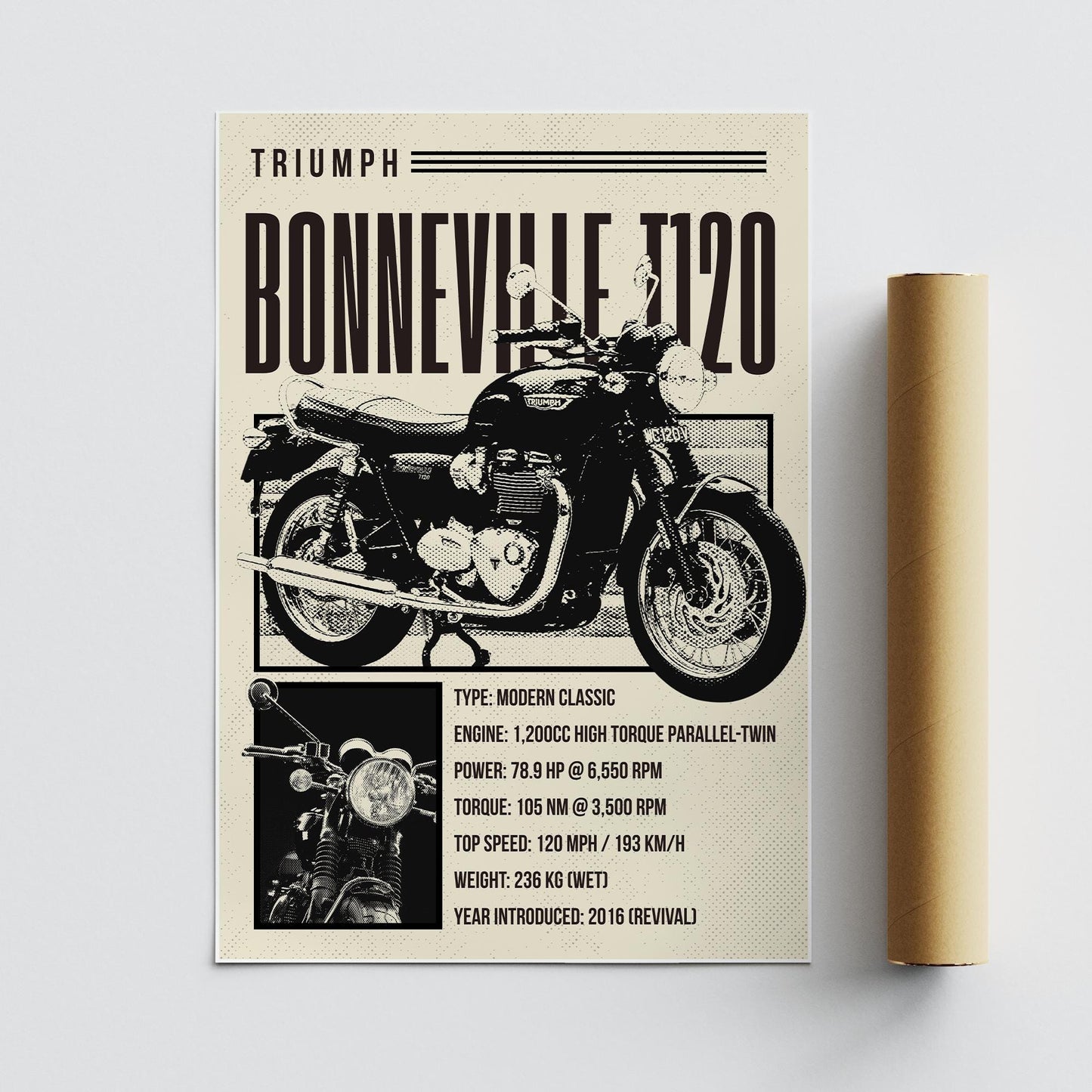 Motorcycle Specs Poster - Bonneville T120: Classic Motorcycle Print | Retro Bike Specs Wall Art |Motorbike Decor for Home, Office or Garage