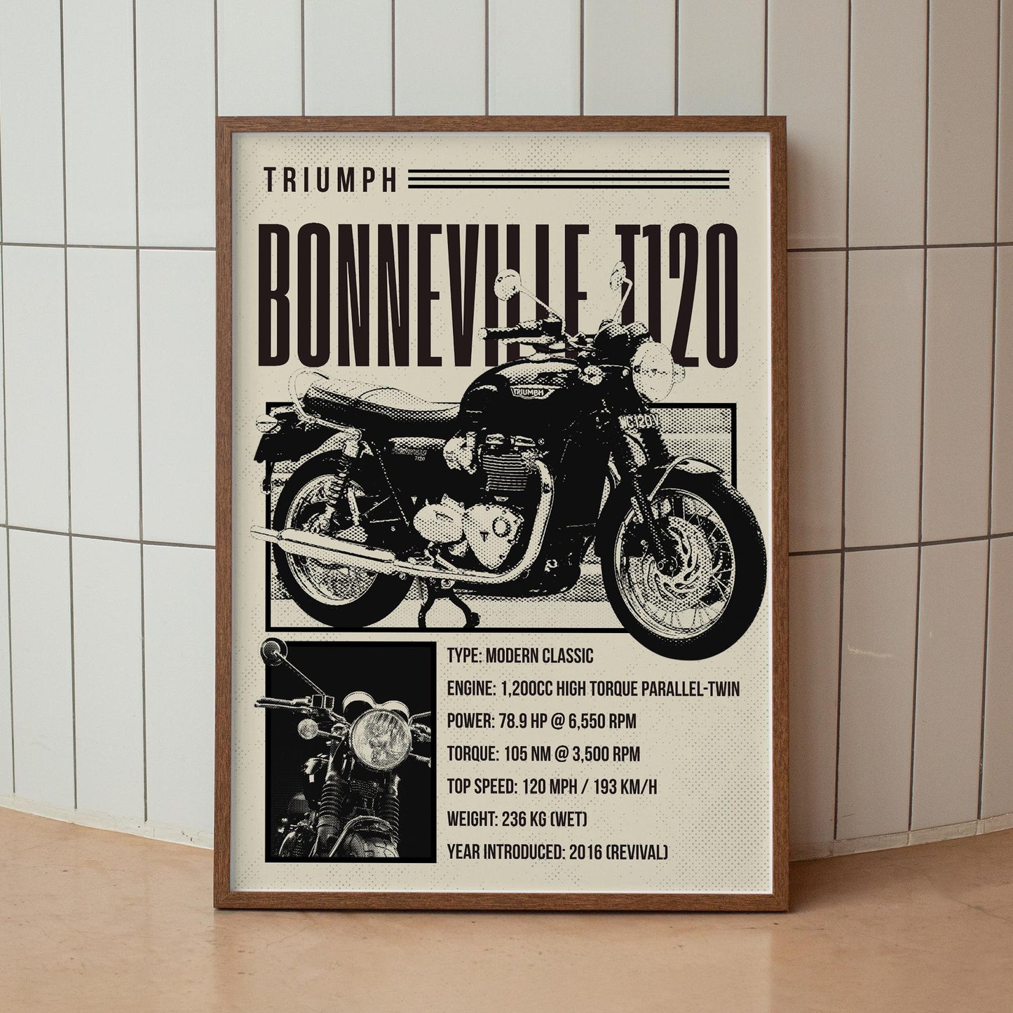 Motorcycle Specs Poster - Bonneville T120: Classic Motorcycle Print | Retro Bike Specs Wall Art |Motorbike Decor for Home, Office or Garage