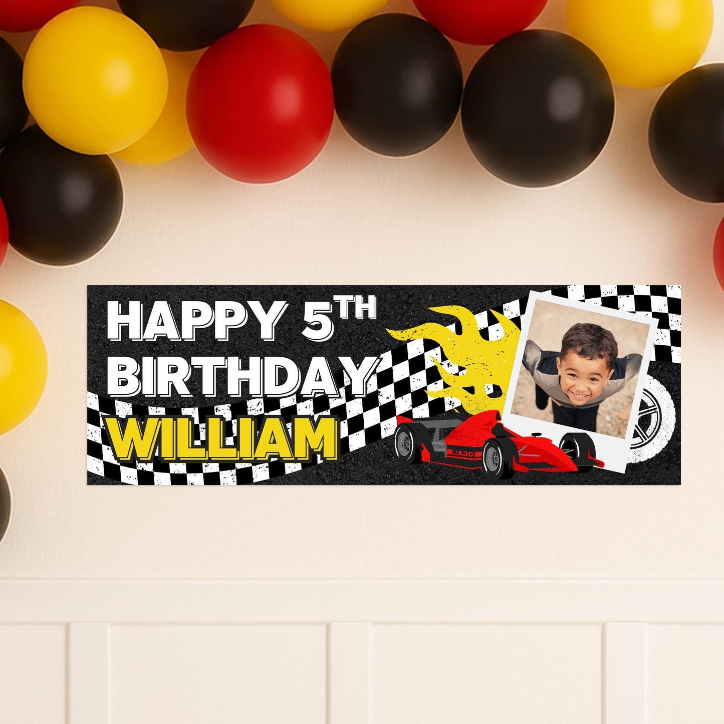 Personalised racing car birthday banner  custom name & photo | red race car theme | birthday banner for boys, f1 party decor for kids