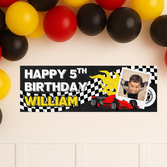 Personalised racing car birthday banner  custom name & photo | red race car theme | birthday banner for boys, f1 party decor for kids