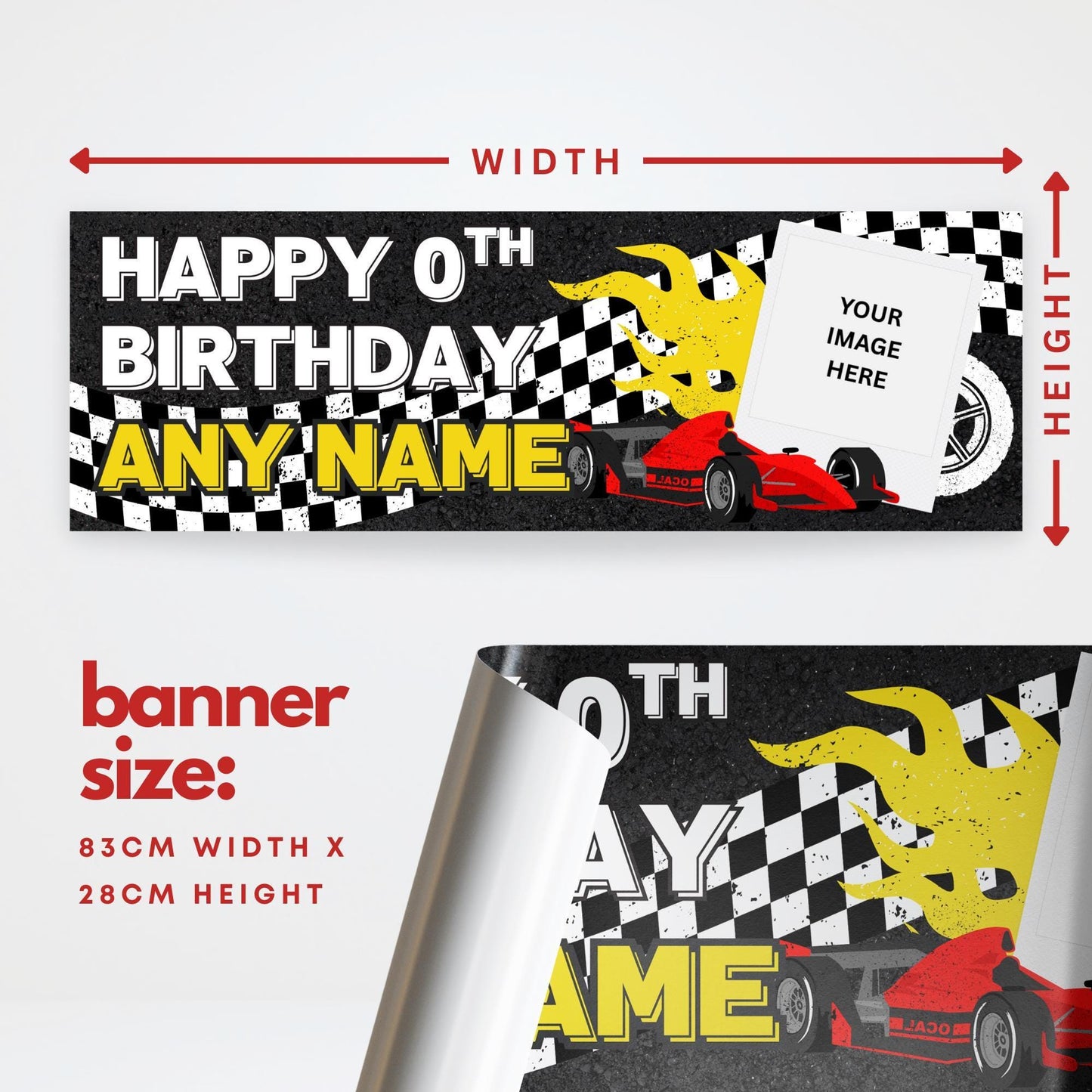 Personalised racing car birthday banner  custom name & photo | red race car theme | birthday banner for boys, f1 party decor for kids